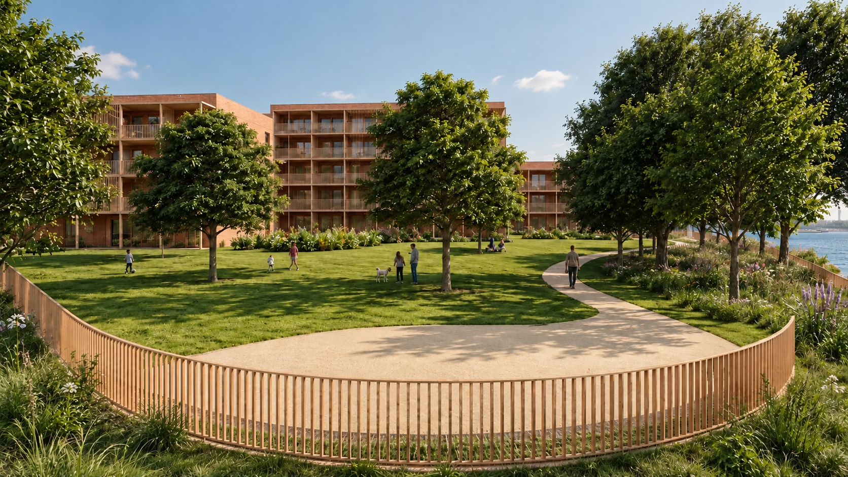 Vue d’ensemble du projet Les Passerelles du Ramier, de ses bâtiments de logements et du jardin commun.